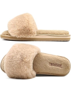 COFACE Womens Sliders Plush House Slippers Flat Sandals for Women Memory Foam Fuzzy Open Toe Slippers with Arch Support Anti Skid Ladies Slip On Fur Slide Slippers House 