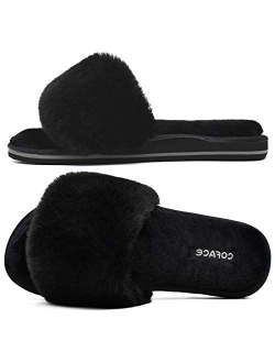 COFACE Womens Sliders Plush House Slippers Flat Sandals for Women Memory Foam Fuzzy Open Toe Slippers with Arch Support Anti Skid Ladies Slip On Fur Slide Slippers House 