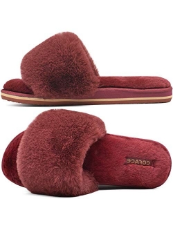 COFACE Womens Sliders Plush House Slippers Flat Sandals for Women Memory Foam Fuzzy Open Toe Slippers with Arch Support Anti Skid Ladies Slip On Fur Slide Slippers House 