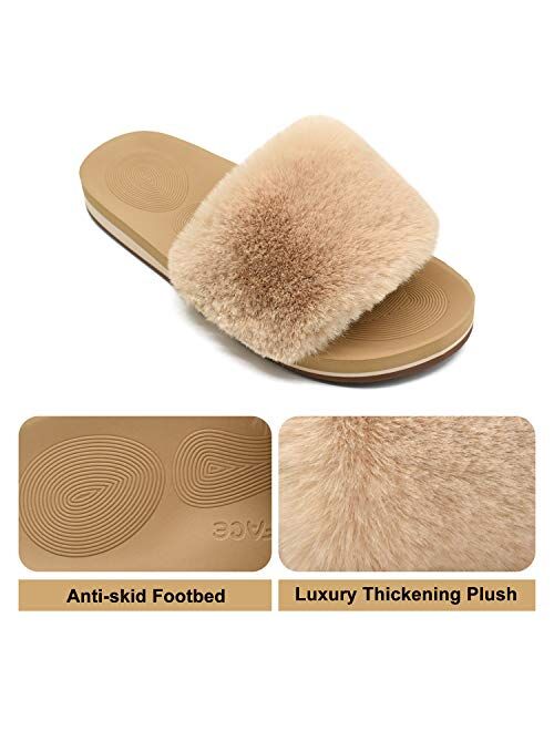 COFACE Womens Sliders Plush House Slippers Flat Sandals for Women Memory Foam Fuzzy Open Toe Slippers with Arch Support Anti Skid Ladies Slip On Fur Slide Slippers House 