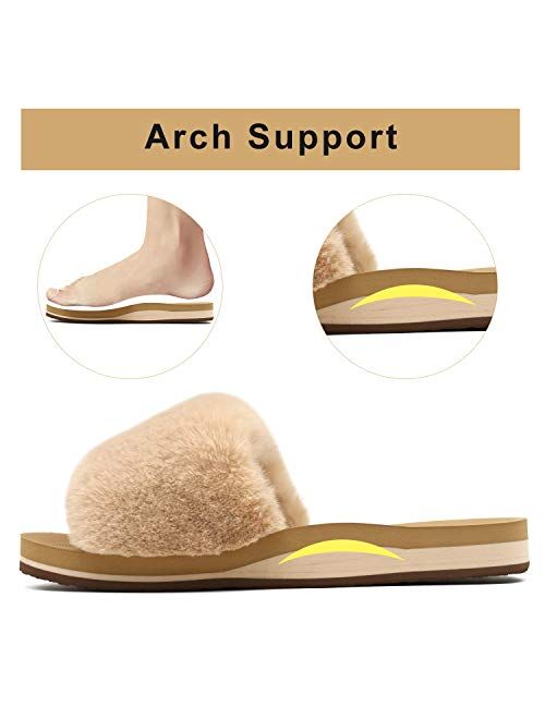 COFACE Womens Sliders Plush House Slippers Flat Sandals for Women Memory Foam Fuzzy Open Toe Slippers with Arch Support Anti Skid Ladies Slip On Fur Slide Slippers House 