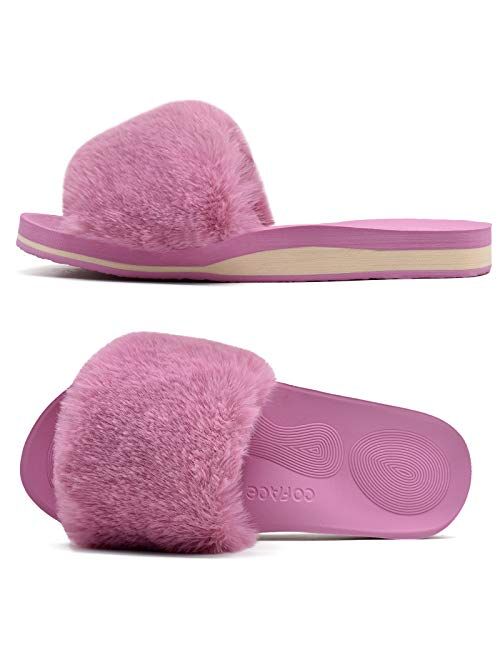 COFACE Womens Sliders Plush House Slippers Flat Sandals for Women Memory Foam Fuzzy Open Toe Slippers with Arch Support Anti Skid Ladies Slip On Fur Slide Slippers House 