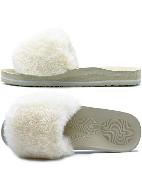 COFACE Womens Sliders Plush House Slippers Flat Sandals for Women Memory Foam Fuzzy Open Toe Slippers with Arch Support Anti Skid Ladies Slip On Fur Slide Slippers House 