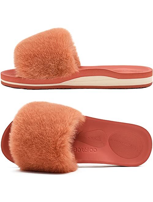 COFACE Womens Sliders Plush House Slippers Flat Sandals for Women Memory Foam Fuzzy Open Toe Slippers with Arch Support Anti Skid Ladies Slip On Fur Slide Slippers House 