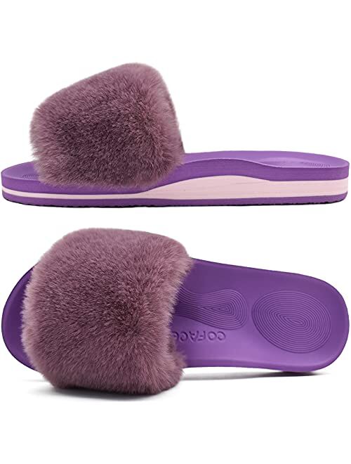 COFACE Womens Sliders Plush House Slippers Flat Sandals for Women Memory Foam Fuzzy Open Toe Slippers with Arch Support Anti Skid Ladies Slip On Fur Slide Slippers House 