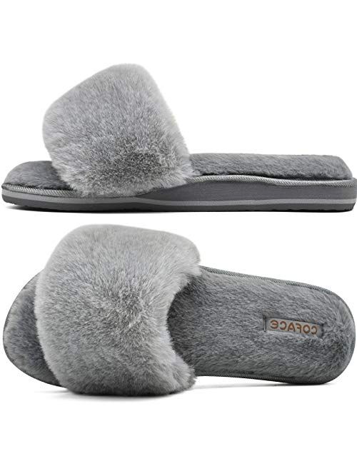 COFACE Womens Sliders Plush House Slippers Flat Sandals for Women Memory Foam Fuzzy Open Toe Slippers with Arch Support Anti Skid Ladies Slip On Fur Slide Slippers House 