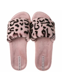 CORIFEI Fuzzy Slippers for Women, Fluffy Leopard Print Upper, Comfy House Shoes with Arch Support, Open Toe Slides Indoor Outdoor, Size 5.5-9.5