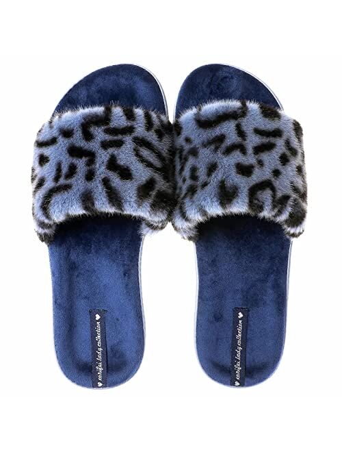 CORIFEI Fuzzy Slippers for Women, Fluffy Leopard Print Upper, Comfy House Shoes with Arch Support, Open Toe Slides Indoor Outdoor, Size 5.5-9.5