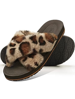 Ckoebas Women Cross Band Fuzzy Slipper Slides , Soft Plush Open Toe House Flat Slipper with Arch Support for Women Indoor out Door.