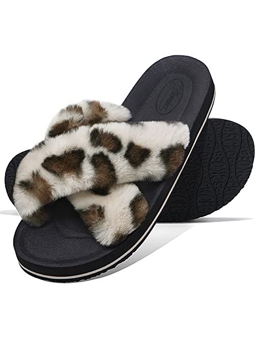 Ckoebas Women Cross Band Fuzzy Slipper Slides , Soft Plush Open Toe House Flat Slipper with Arch Support for Women Indoor out Door.