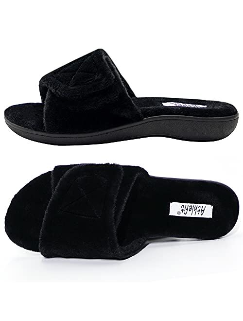 Athlefit Women's Fuzzy House Slippers with Arch Support Comfortable Adjustable Orthopedic Slippers Orthotic Slide Sandals