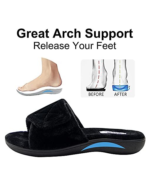 Athlefit Women's Fuzzy House Slippers with Arch Support Comfortable Adjustable Orthopedic Slippers Orthotic Slide Sandals