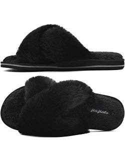 Jiajiale Womens Fluffy Cross Band Slippers, Ladies Arch Support Fuzzy Plush Slides Slippers, Furry Faux Fur Cozy House Slipper, Open Toe Memory Foam Slide Sandals