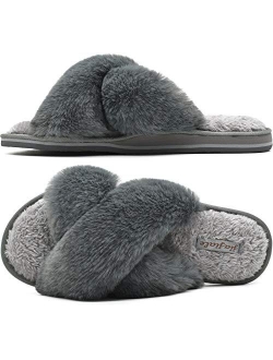 Jiajiale Womens Fluffy Cross Band Slippers, Ladies Arch Support Fuzzy Plush Slides Slippers, Furry Faux Fur Cozy House Slipper, Open Toe Memory Foam Slide Sandals