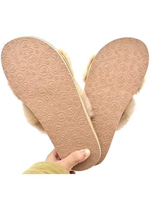 Jiajiale Womens Fluffy Cross Band Slippers, Ladies Arch Support Fuzzy Plush Slides Slippers, Furry Faux Fur Cozy House Slipper, Open Toe Memory Foam Slide Sandals