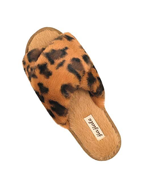 Jiajiale Womens Fluffy Cross Band Slippers, Ladies Arch Support Fuzzy Plush Slides Slippers, Furry Faux Fur Cozy House Slipper, Open Toe Memory Foam Slide Sandals