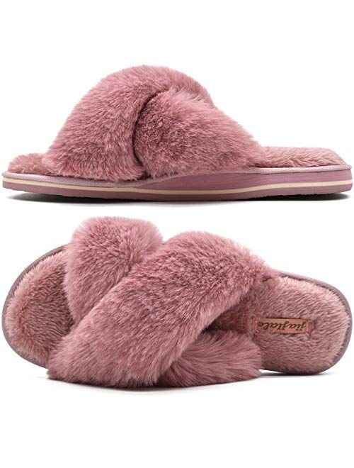 Jiajiale Womens Fluffy Cross Band Slippers, Ladies Arch Support Fuzzy Plush Slides Slippers, Furry Faux Fur Cozy House Slipper, Open Toe Memory Foam Slide Sandals