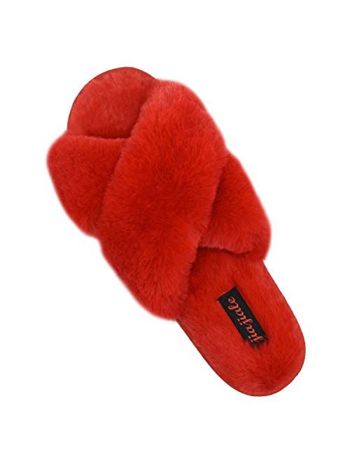 Jiajiale Womens Fluffy Cross Band Slippers, Ladies Arch Support Fuzzy Plush Slides Slippers, Furry Faux Fur Cozy House Slipper, Open Toe Memory Foam Slide Sandals