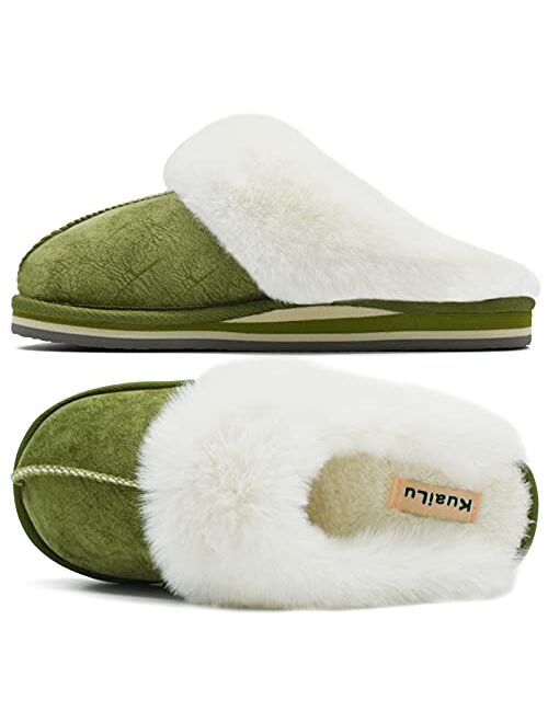 KuaiLu Womens Fluffy Dual Memory Foam Slippers Ladies Cozy Arch Support Warm Scuff Slippers Slip on Comfy Winter House Shoes with Non-Slip Indoor Outdoor Hard Sole