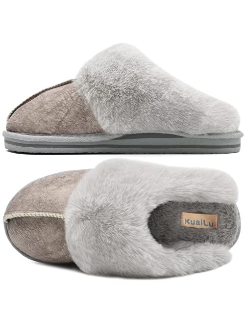 KuaiLu Womens Fluffy Dual Memory Foam Slippers Ladies Cozy Arch Support Warm Scuff Slippers Slip on Comfy Winter House Shoes with Non-Slip Indoor Outdoor Hard Sole