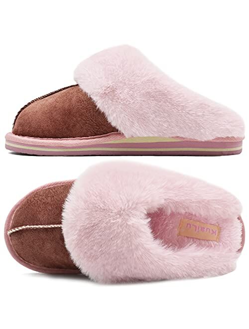 KuaiLu Womens Fluffy Dual Memory Foam Slippers Ladies Cozy Arch Support Warm Scuff Slippers Slip on Comfy Winter House Shoes with Non-Slip Indoor Outdoor Hard Sole