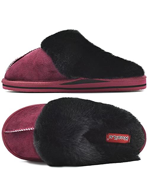 KuaiLu Womens Fluffy Dual Memory Foam Slippers Ladies Cozy Arch Support Warm Scuff Slippers Slip on Comfy Winter House Shoes with Non-Slip Indoor Outdoor Hard Sole