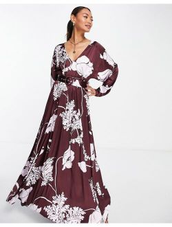 belted satin batwing maxi tea dress in oversized purple contrast floral