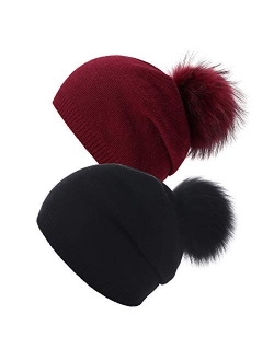 Women Knit Wool Beanie - Winter Fashion Solid Wool Hats Real Removable Raccoon Fur Pom Pom Warm Ski Beanie