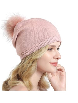 Women Knit Wool Beanie - Winter Fashion Solid Wool Hats Real Removable Raccoon Fur Pom Pom Warm Ski Beanie