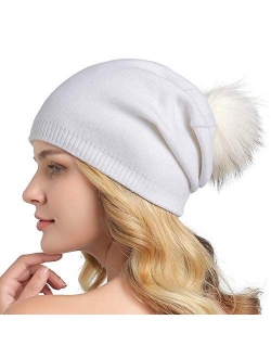 Women Knit Wool Beanie - Winter Fashion Solid Wool Hats Real Removable Raccoon Fur Pom Pom Warm Ski Beanie