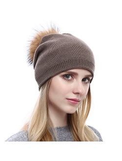 Women Knit Wool Beanie - Winter Fashion Solid Wool Hats Real Removable Raccoon Fur Pom Pom Warm Ski Beanie