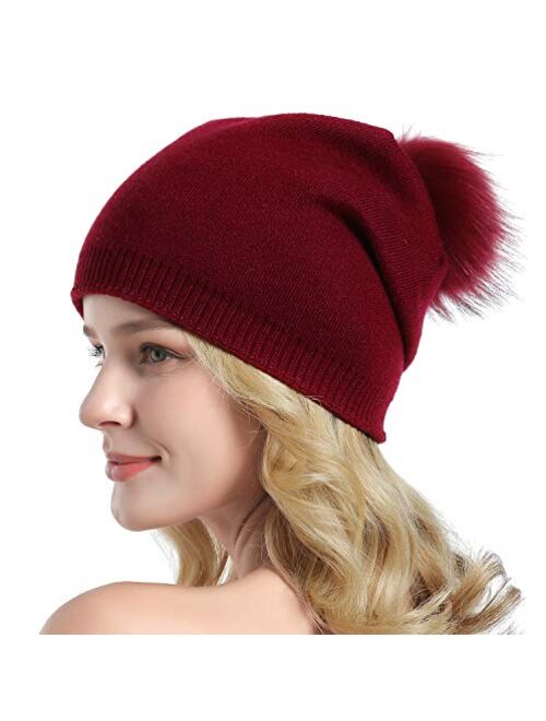 Queenfur Women Knit Wool Beanie - Winter Fashion Solid Wool Hats Real Removable Raccoon Fur Pom Pom Warm Ski Beanie