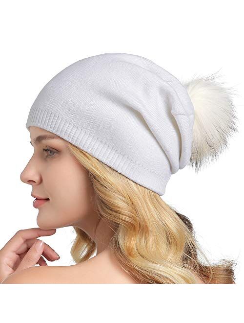 Queenfur Women Knit Wool Beanie - Winter Fashion Solid Wool Hats Real Removable Raccoon Fur Pom Pom Warm Ski Beanie