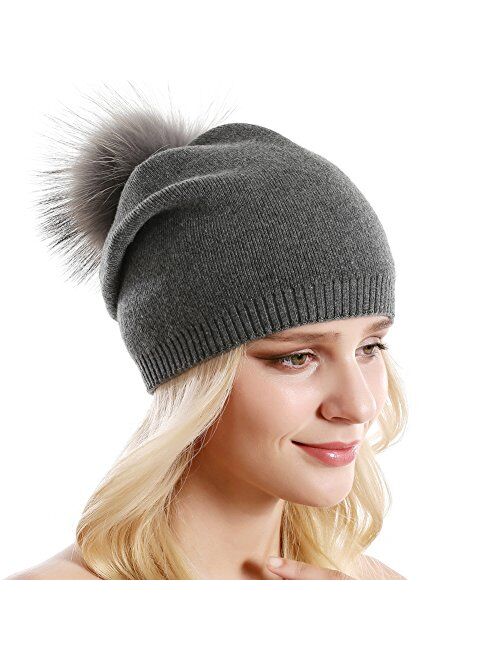 Queenfur Women Knit Wool Beanie - Winter Fashion Solid Wool Hats Real Removable Raccoon Fur Pom Pom Warm Ski Beanie