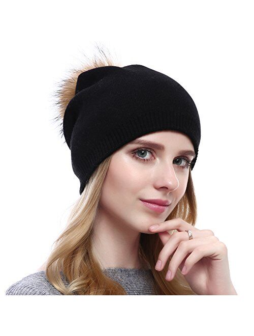 Queenfur Women Knit Wool Beanie - Winter Fashion Solid Wool Hats Real Removable Raccoon Fur Pom Pom Warm Ski Beanie