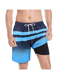 Mens Swim Trunks with Compression Lined 7'' Swim Shorts Quick Dry Swimwear Boardshorts with Boxer Brief Liner