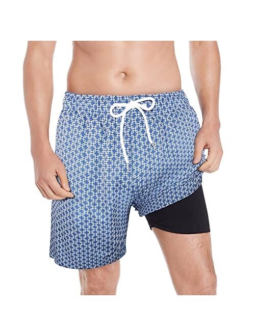 QRANSS Mens Swim Trunks with Compression Lined 7'' Swim Shorts Quick Dry Swimwear Boardshorts with Boxer Brief Liner