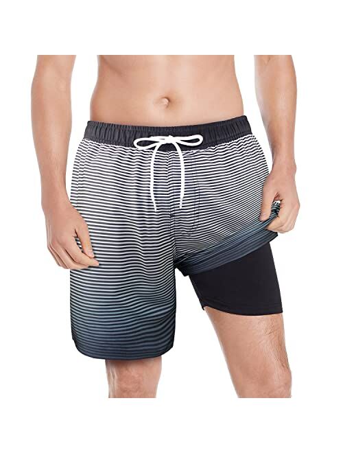 QRANSS Mens Swim Trunks with Compression Lined 7'' Swim Shorts Quick Dry Swimwear Boardshorts with Boxer Brief Liner