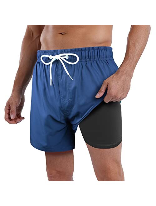 QRANSS Mens Swim Trunks Compression Liner Quick Dry 5.5'' Swimwear Swim Shorts with Boxer Brief Lined