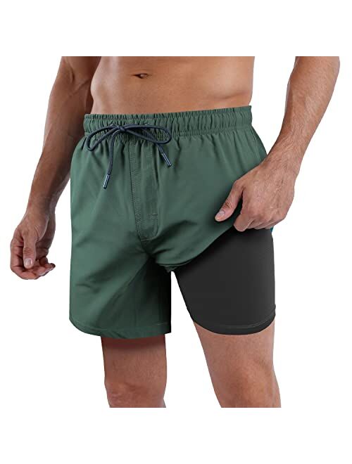 QRANSS Mens Swim Trunks Compression Liner Quick Dry 5.5'' Swimwear Swim Shorts with Boxer Brief Lined