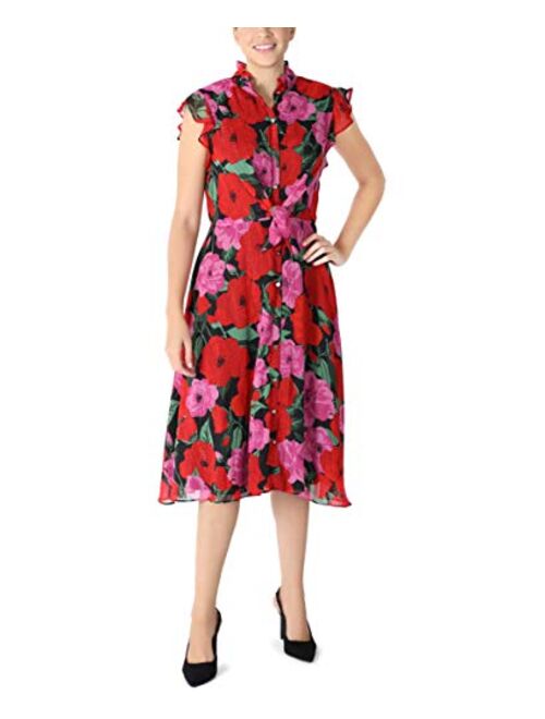 Julia Jordan Women's Ruffle Neck Button Front Tie Waist Dress