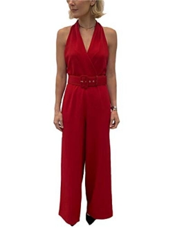 Women's Plunge Halter Jumpsuit with Belt