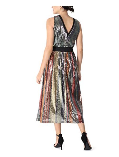 Julia Jordan Womens V-Neck Stretch Multi Colored Sequin A-Line Midi Dress