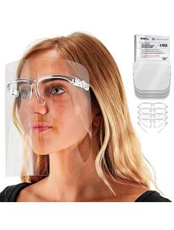 Salon World Safety Face Shields with All Clear Glasses Frames (Pack of 4) - Ultra Clear Protective Full Face Shields to Protect Eyes, Nose, Mouth - Anti-Fog PE