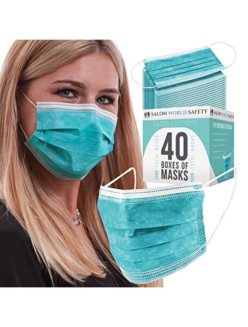 TCP Global Salon World Safety - Face Masks 40 Boxes (2000 Masks) Breathable Disposable 3-Ply Protective PPE with Nose Clip and Ear Loops