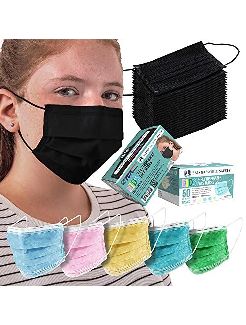 TCP Global Salon World Safety - Kids Face Masks 3-Ply Protective PPE (5 Colors) Disposable Children's Size