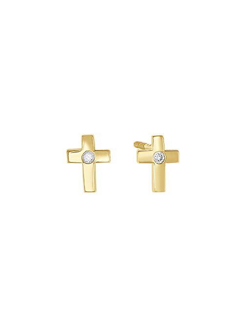 TILO JEWELRY 14k Gold Tiny Cross Stud Earrings with Solitaire CZ