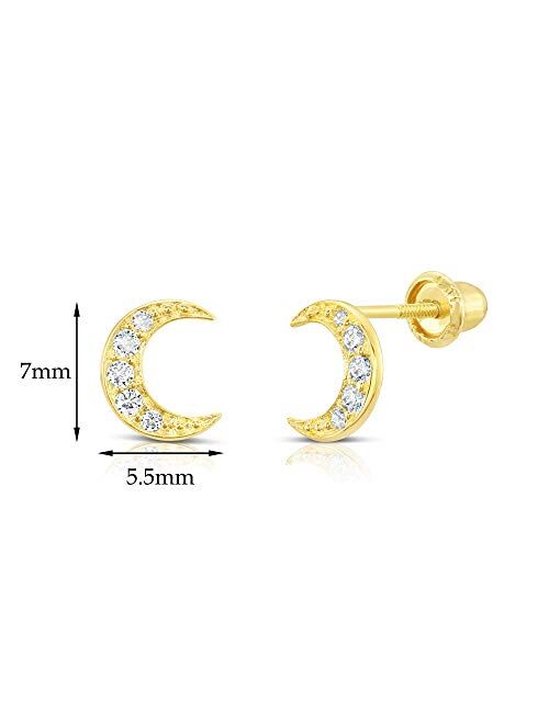 TILO JEWELRY 10k Yellow Gold Tiny Moon Crescent CZ Stud Earrings with Screw-Backs