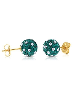 14k Yellow Gold 8mm Round Crystal Ball Stud Earrings with 14k Gold Pushbacks, Choice of Colors