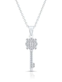 Sterling Silver Pave CZ Small Key Pendant Necklace